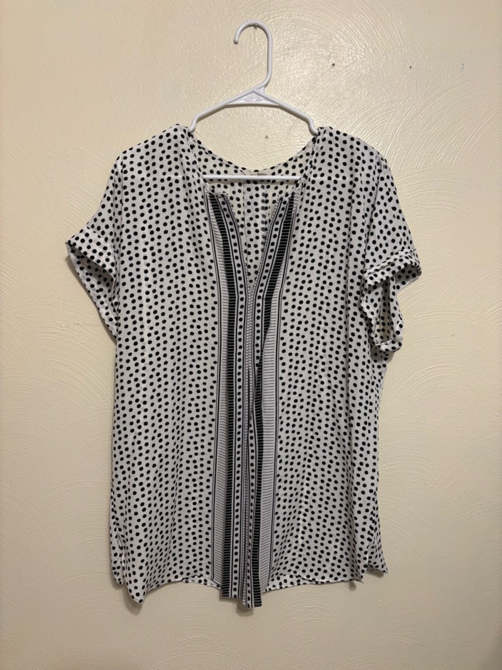 Max Studio Polka Dot Blouse Black White Split Neck Top Large